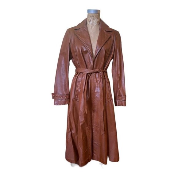 Vintage 70s Wilsons Leather Trench Coat Cognac Brown Belted Size 14 - Picture 7 of 16